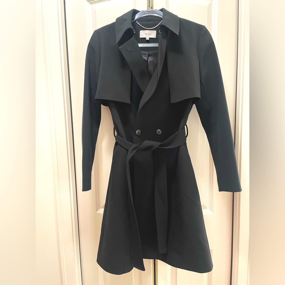 Reiss Black Somerset Trench Coat, Size 2